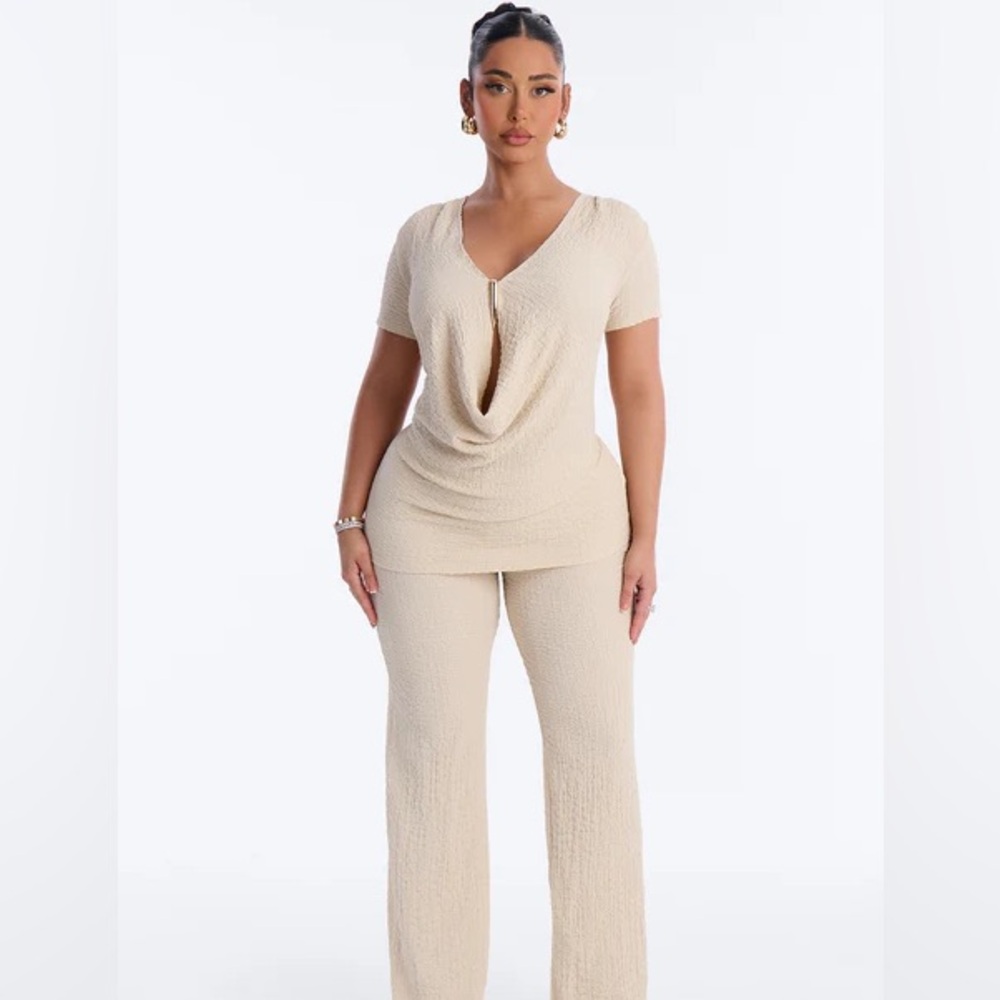 Draped V-Neck Wide-Leg Pant Set in Cream